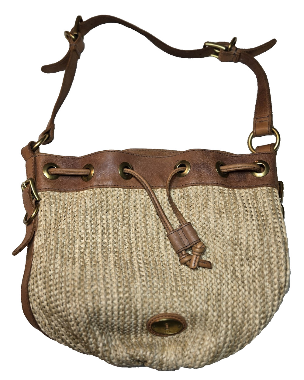 FOSSIL 1954 Brown Basket Weave Woven Shoulder Bag Purse Handbag Leather Trim